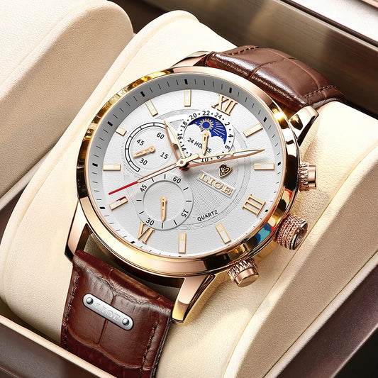 Classic RICHELIEU Watch – Men’s Luxury Waterproof Quartz Watch with Leather Strap & Glow-in-the-Dark Dial