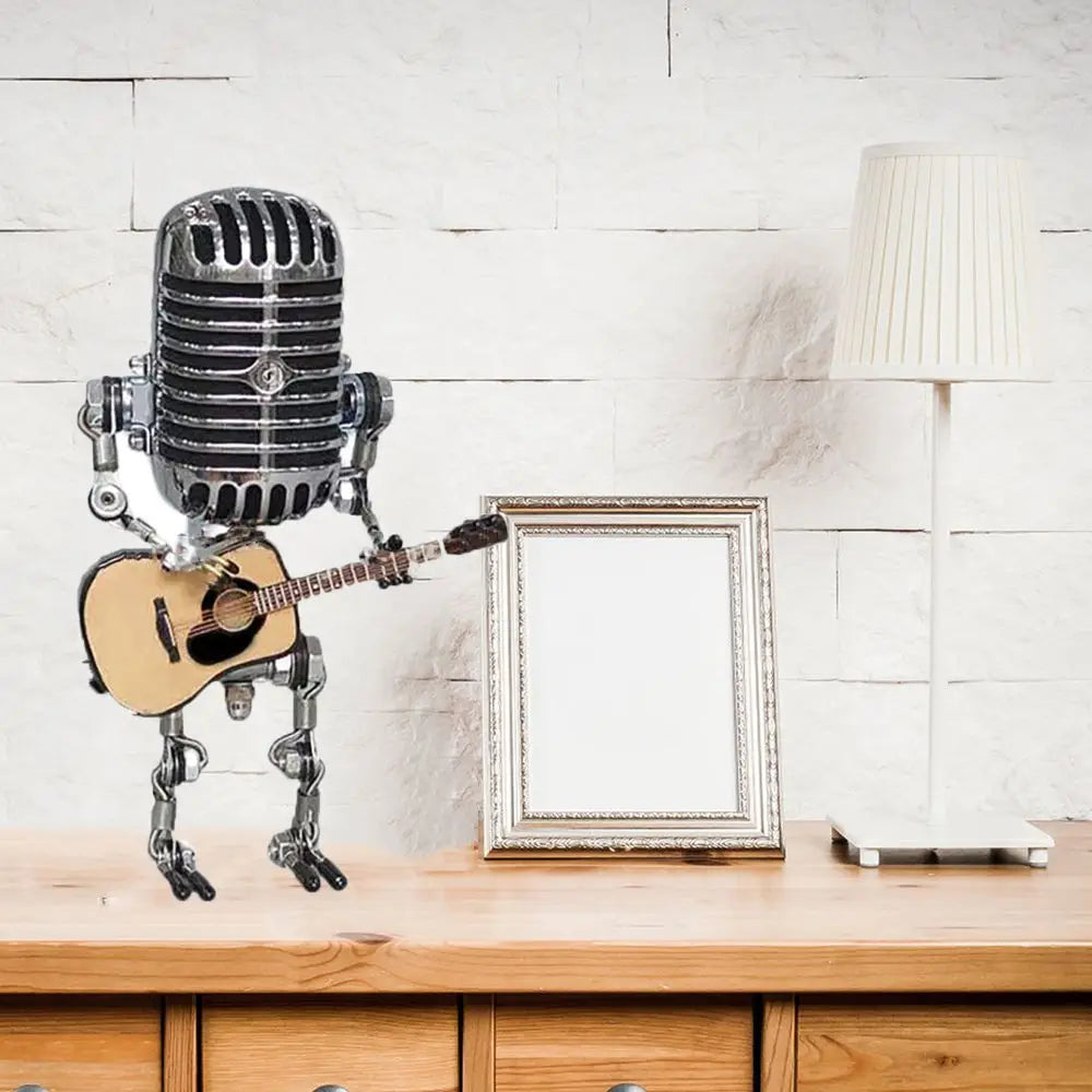 Vintage Microphone Robot Lamp with Guitar – Metal Microphone Musician Desk Light