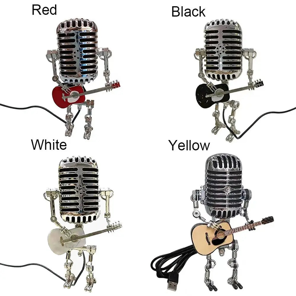 Vintage Microphone Robot Lamp with Guitar – Metal Microphone Musician Desk Light
