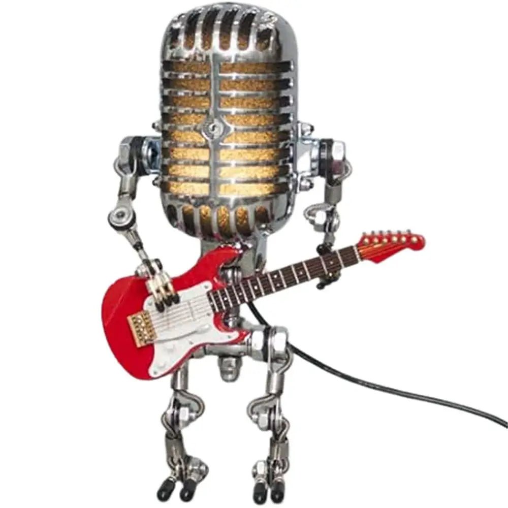 Vintage Microphone Robot Lamp with Guitar – Metal Microphone Musician Desk Light