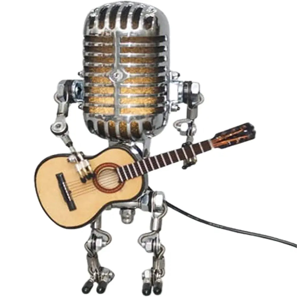 Vintage Microphone Robot Lamp with Guitar – Metal Microphone Musician Desk Light