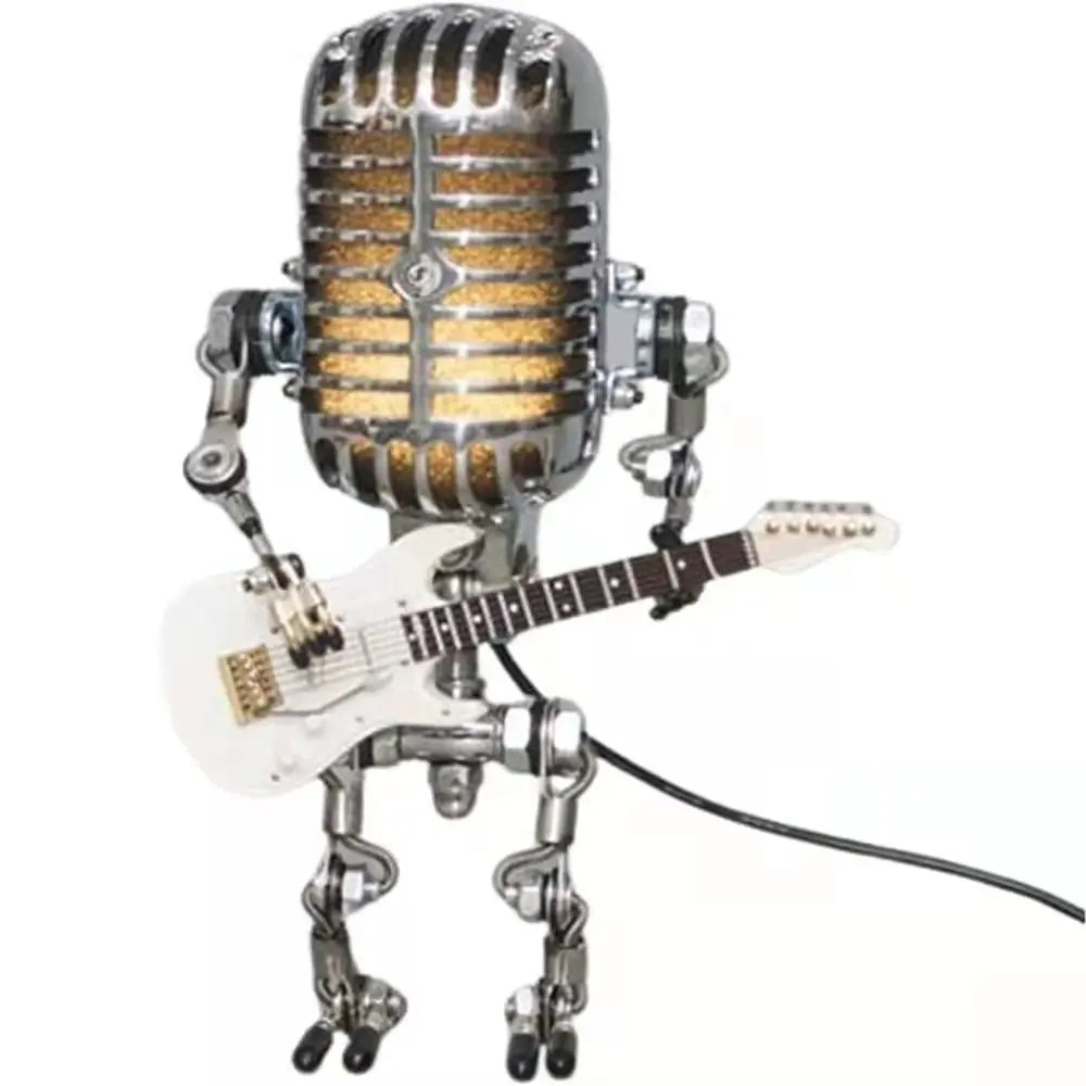 Vintage Microphone Robot Lamp with Guitar – Metal Microphone Musician Desk Light