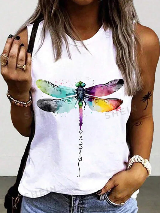 Butterfly Printed Sleeveless T-shirt Loose Comfortable Women's Top
